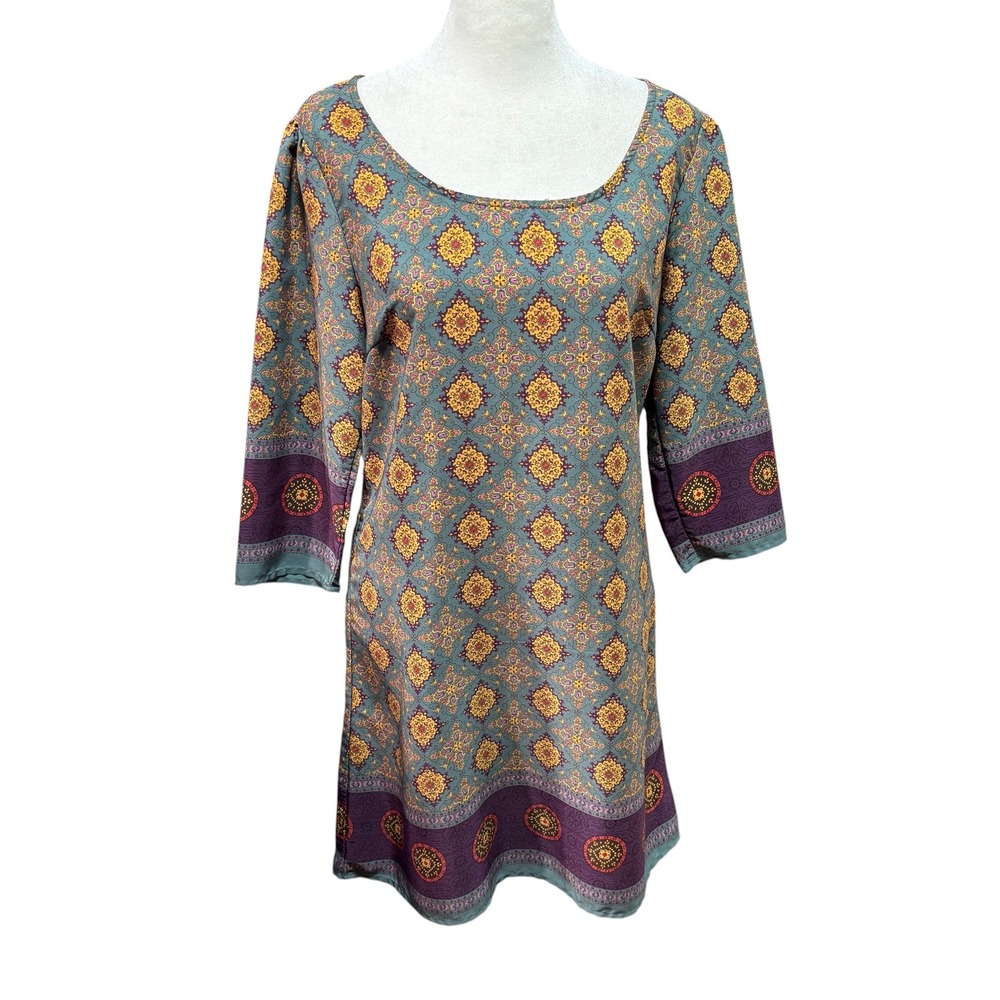 Mona B Womens Teal Purple Medallion  Boho 3/4 Sleeve‎ Shift Dress Sz Med #954